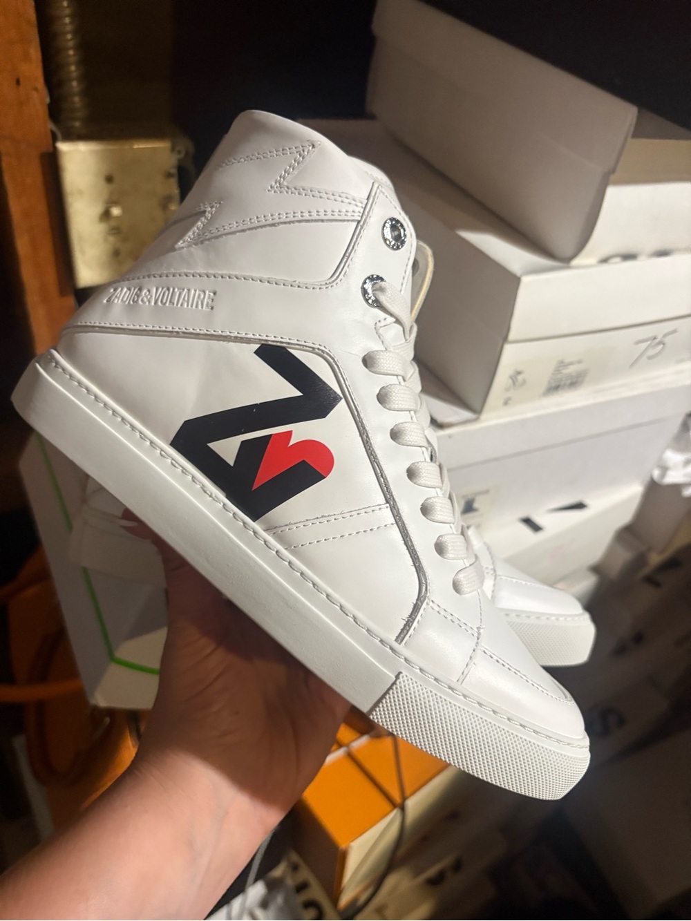 Zadig & Voltaire White High-Top Sneakers with Black and Red Logo Accent